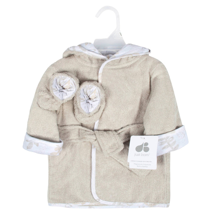 Just Born 2 Piece Baby Neutral Natural Leaves Bathrobe & Booties Set