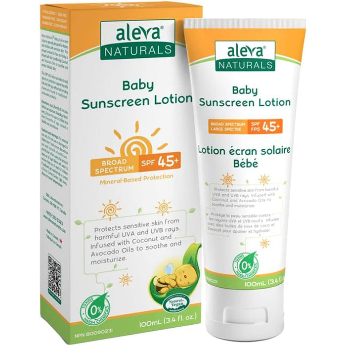 Crème solaire naturelle biologique Aleva Naturals pour bébés et tout-petits SPF 45+ sans parfum 3,4 fl oz / 100 ml