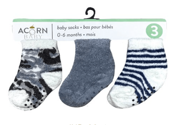 Acorn Baby 3 Pk Anti-Skid Socks 0-6 M