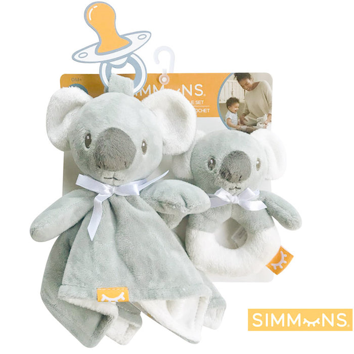 Simmons Baby Pacifier Holder - Security Blanket & Rattle 2 Piece Set - Koala