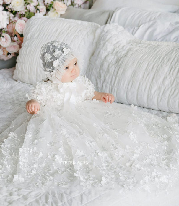 Robe-tunique de Baptême Teter Warm pour bébé fille avec bonnet blanc cassé BS24L