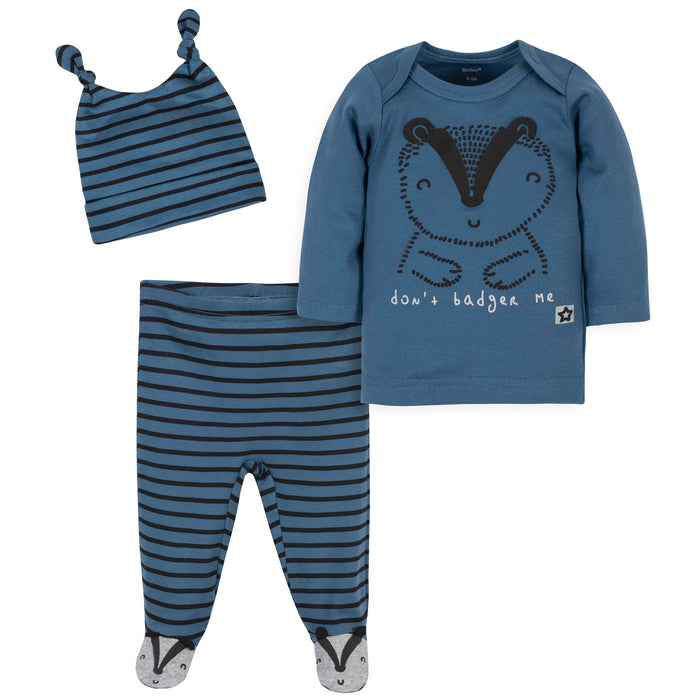 Gerber® 3-Pack Baby Boys Badger Organic Shirt, Footed Pant and Cap Set