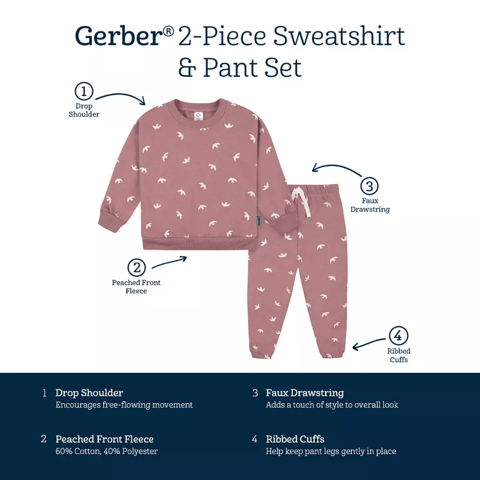 Ensemble 2 pièces sweat-shirt et pantalon actif Gerber pour bébés et petites filles - Oiseaux