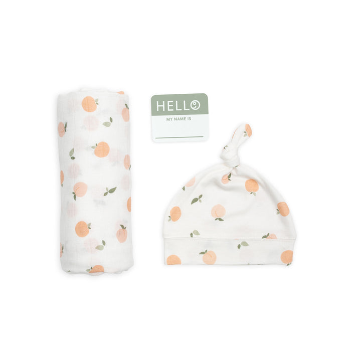 Lulujo Hello World Blanket + Knotted Hat - Peaches 0M+