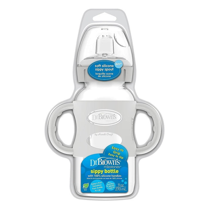 Dr. Brown's Dr. Brown’s Milestones Wide-Neck Sippy Bottle with Silicone Handles & Soft Sippy Spout, 9oz/270ml - Grey