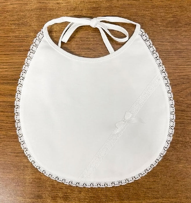Gaby Laced 100% Cotton Baptism Baby Bib with Ribbon - White