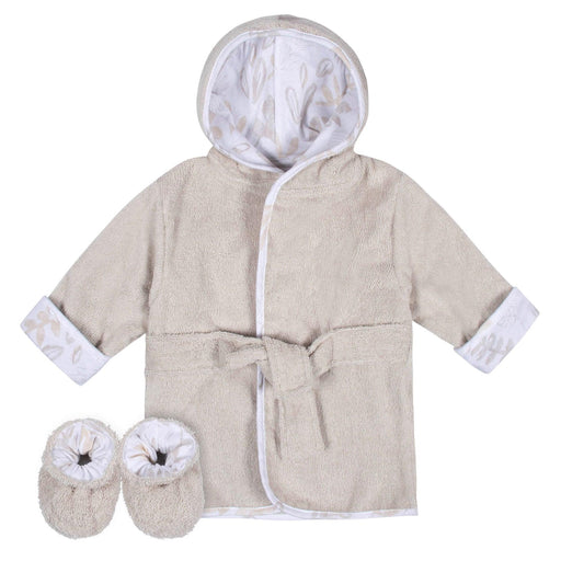 Just Born - Just Born 2 Piece Baby Neutral Natural Leaves Bathrobe & Booties Set