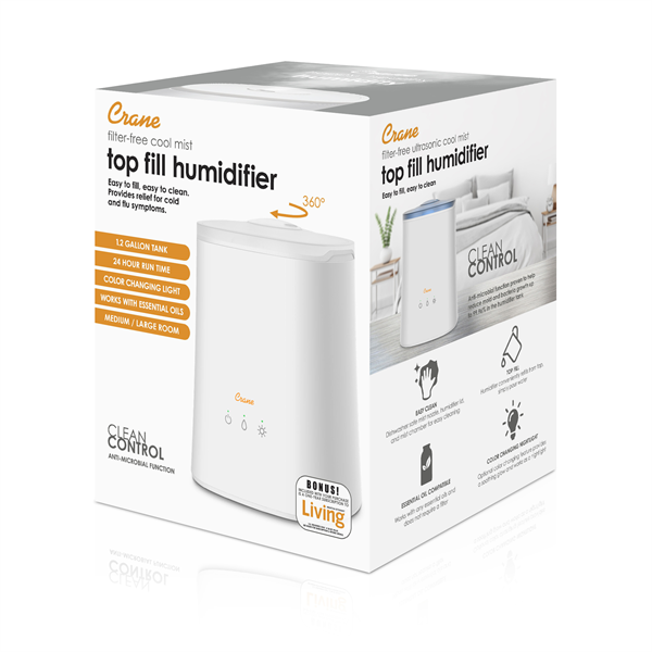 Crane Filter-Free Top Fill Ultrasonic Cool Mist Humidifier & Aroma Diffuser, 1.2 Gallon - White