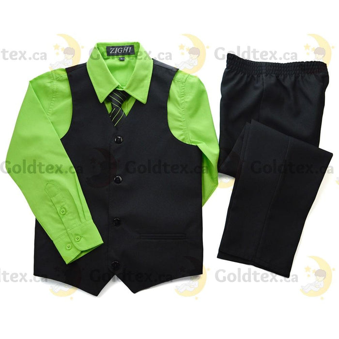 Zighi® - Zighi® 4 Piece Kids Suit Set: Black Vest with Green Lime Shirt