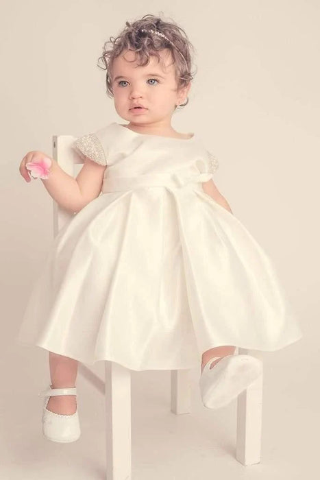Petite Adele® - Petite Adele Satin Baptism Dress with Capped Rhinestone Sleeves